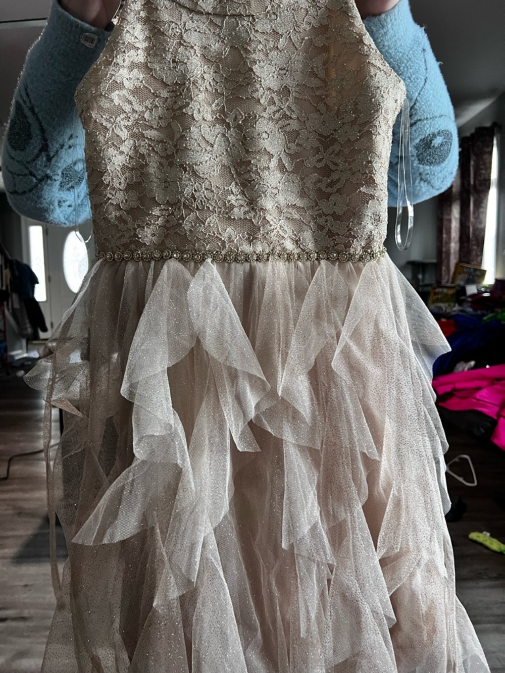 Sparkling Lace Halter Dress in Champagne